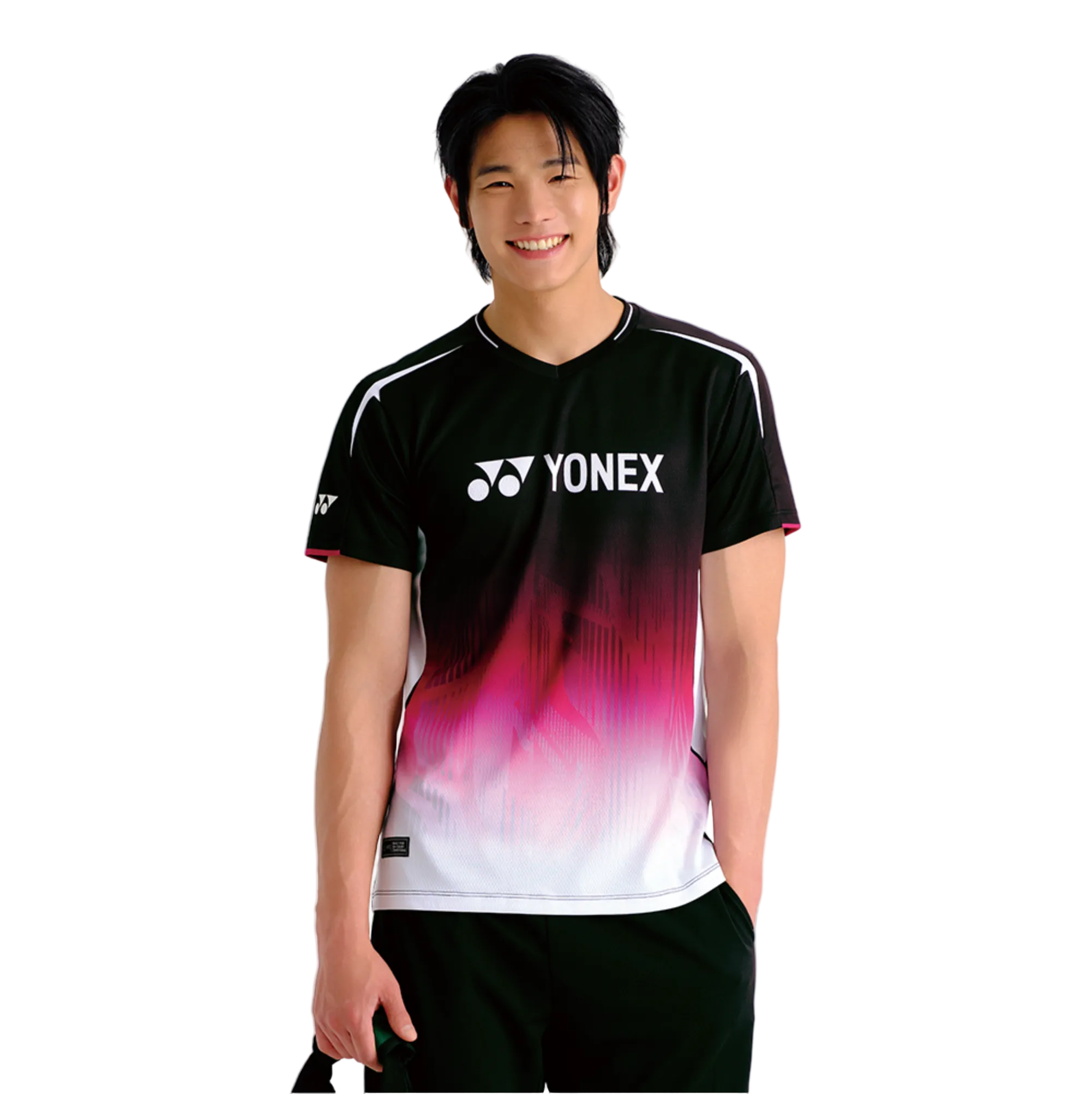 Person wearing a black and white Yonex sports shirt on a white background