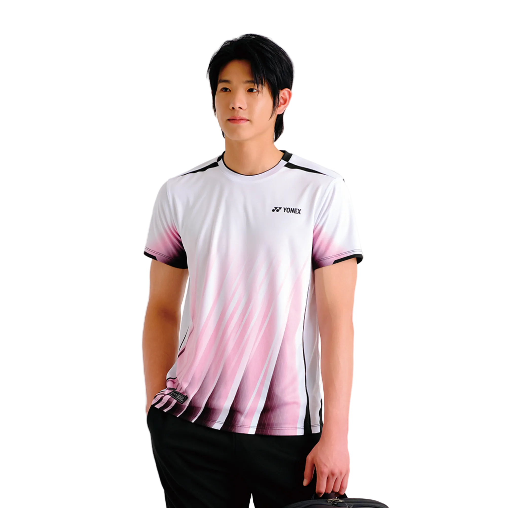 Person wearing a Yonex sports shirt with a gradient design on a white background