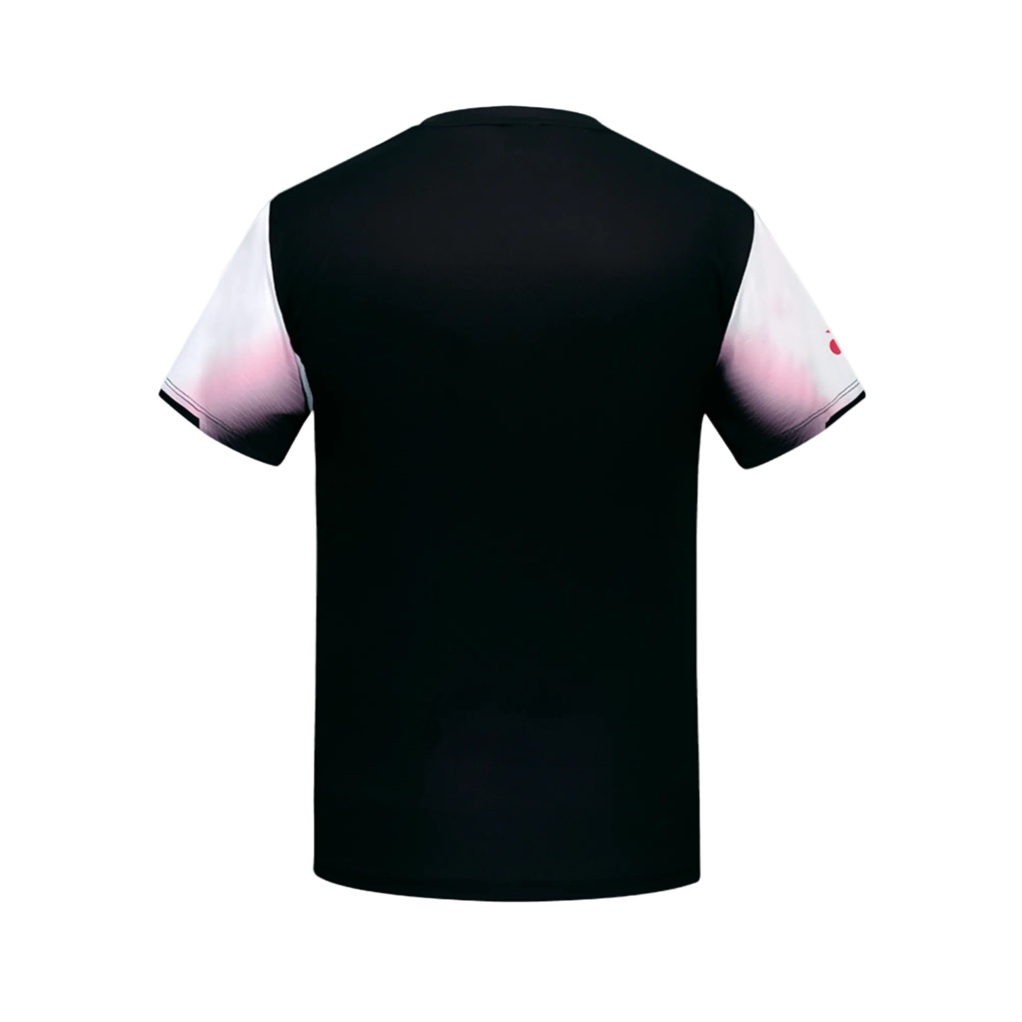 Black t-shirt with white sleeves on a light gray background, featuring Yonex branding.