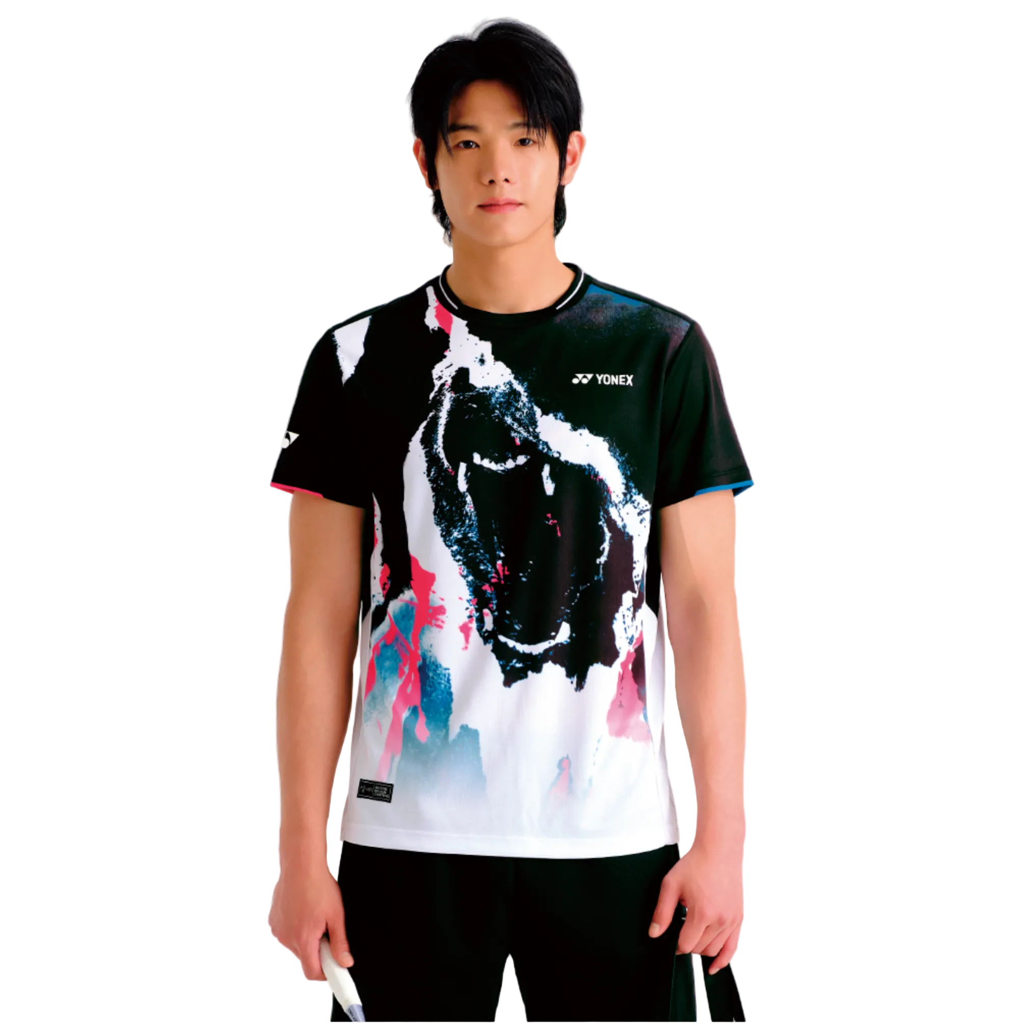 Person wearing a Yonex sports shirt with a graphic design on a white background