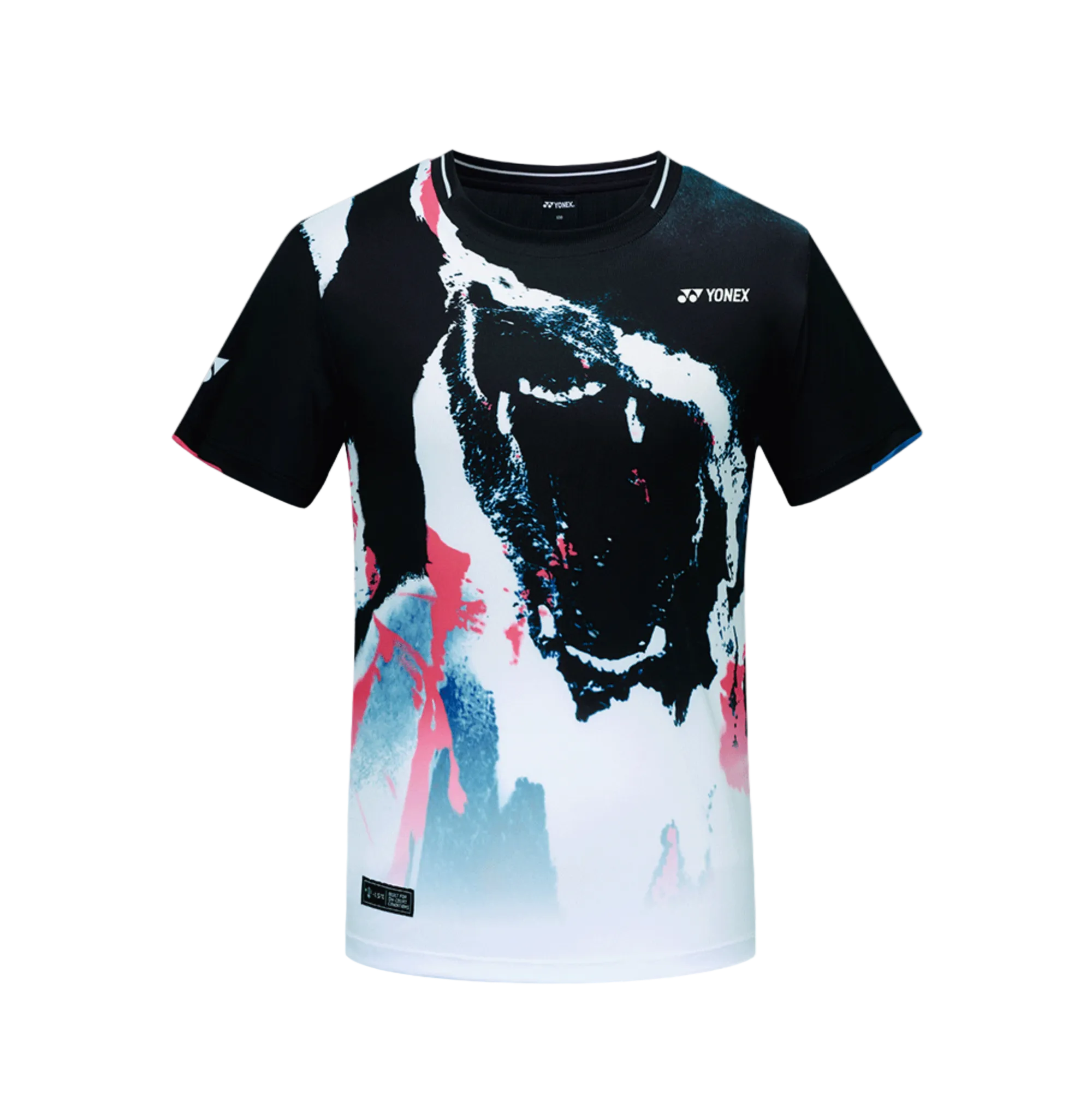 Black t-shirt with graphic design and Yonex branding on a light gray background