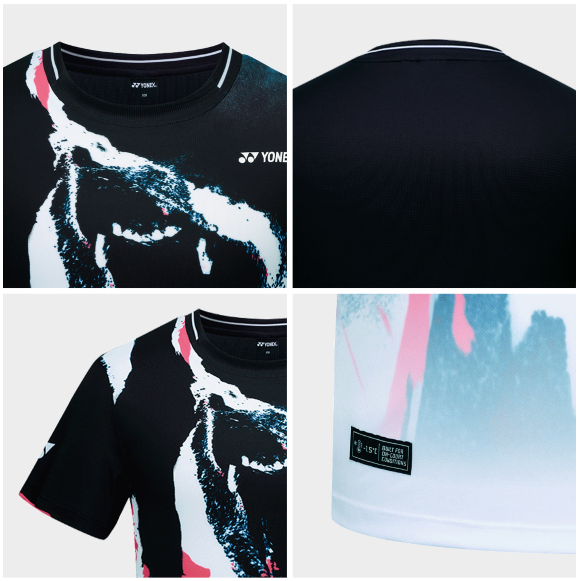 Black t-shirt with abstract design and Yonex logo on a white background