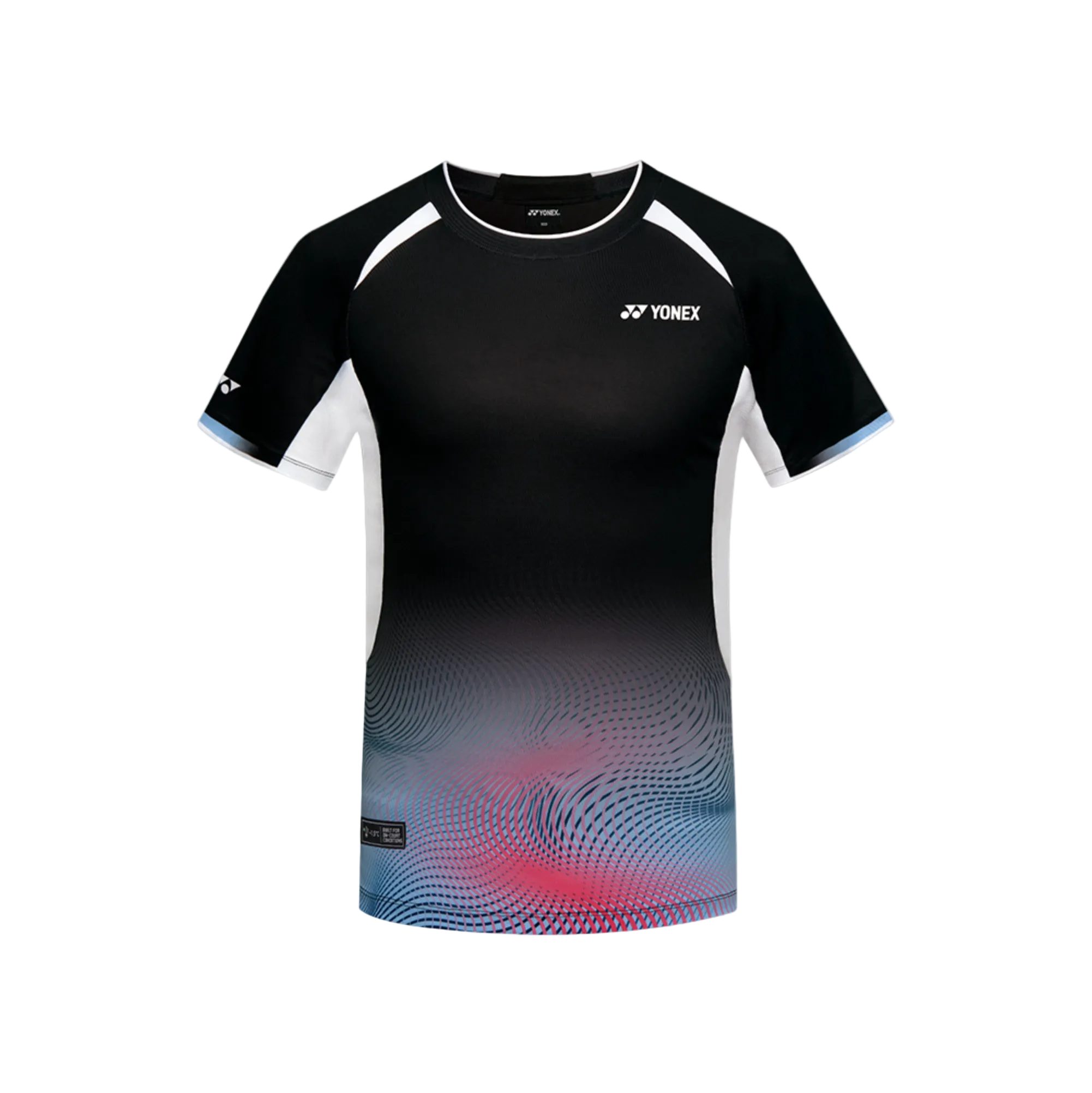 Black sports shirt with Yonex logo on a white background