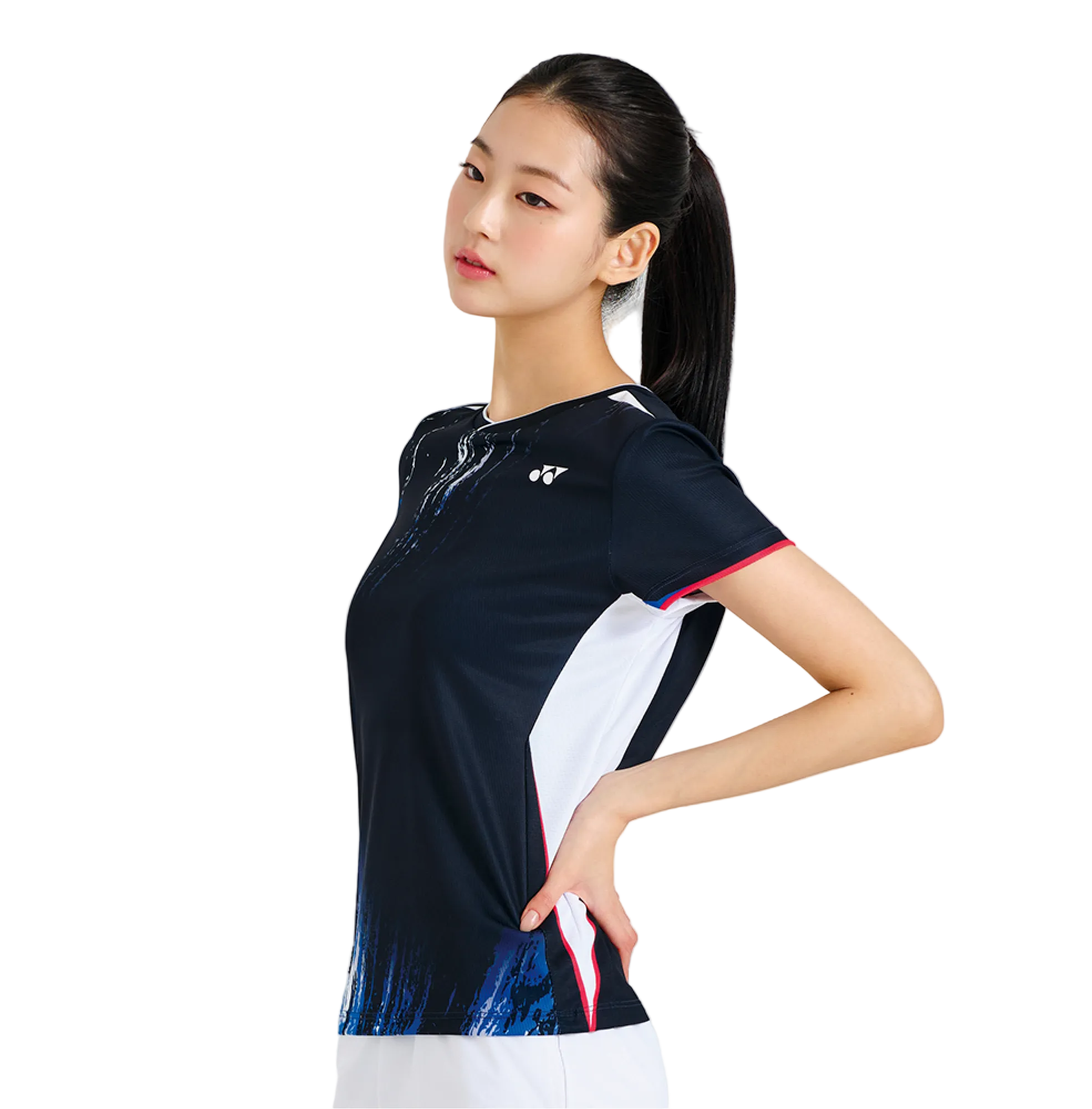 Woman wearing a Yonex badminton shirt on a white background