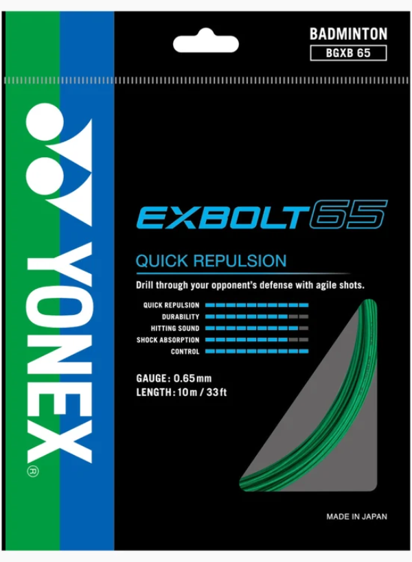 Yonex Exbolt 65 badminton string package with branding and product details.