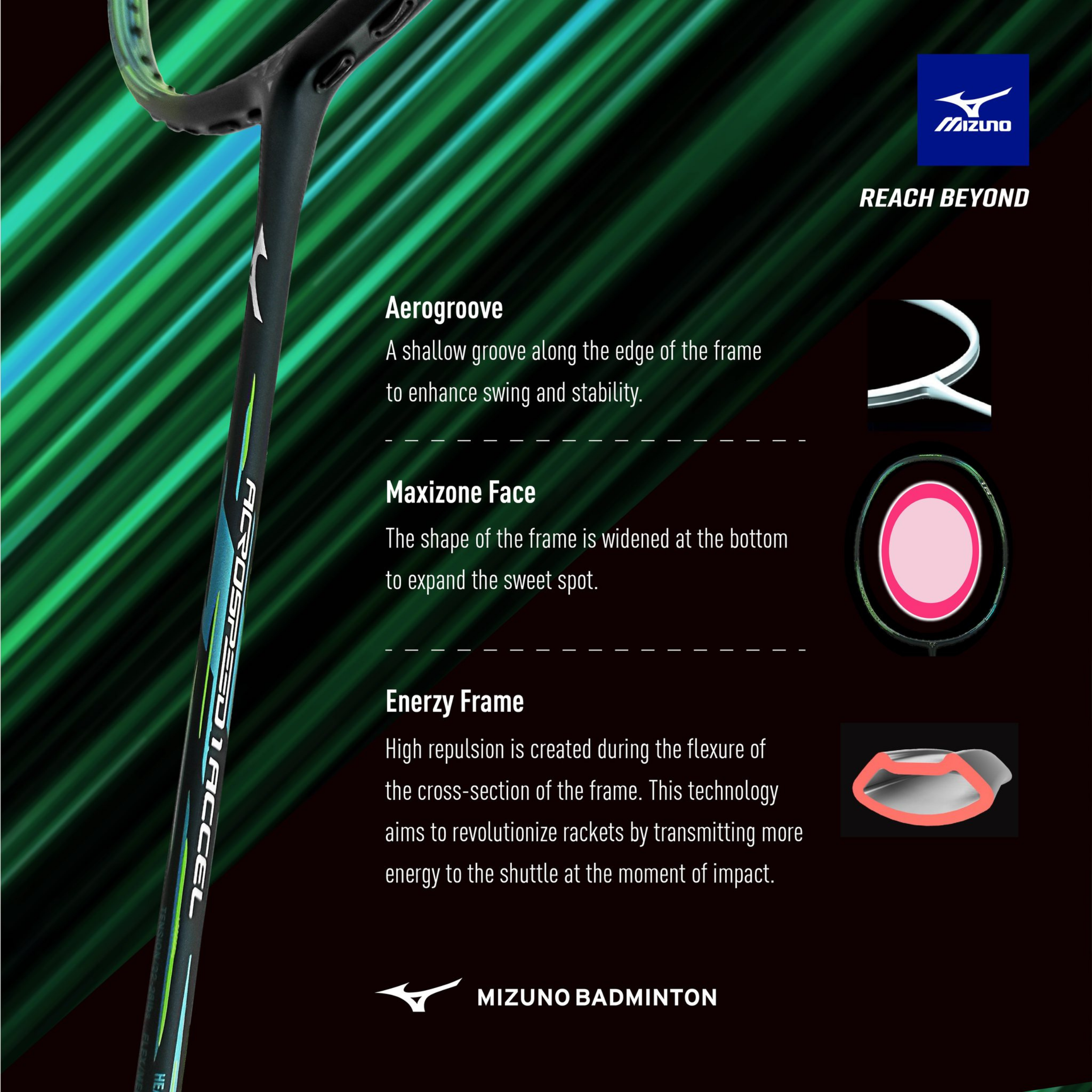 Raquette de badminton Mizuno Acrospeed 1 Accel - Noir / Vert Sauge Dorée Métallique