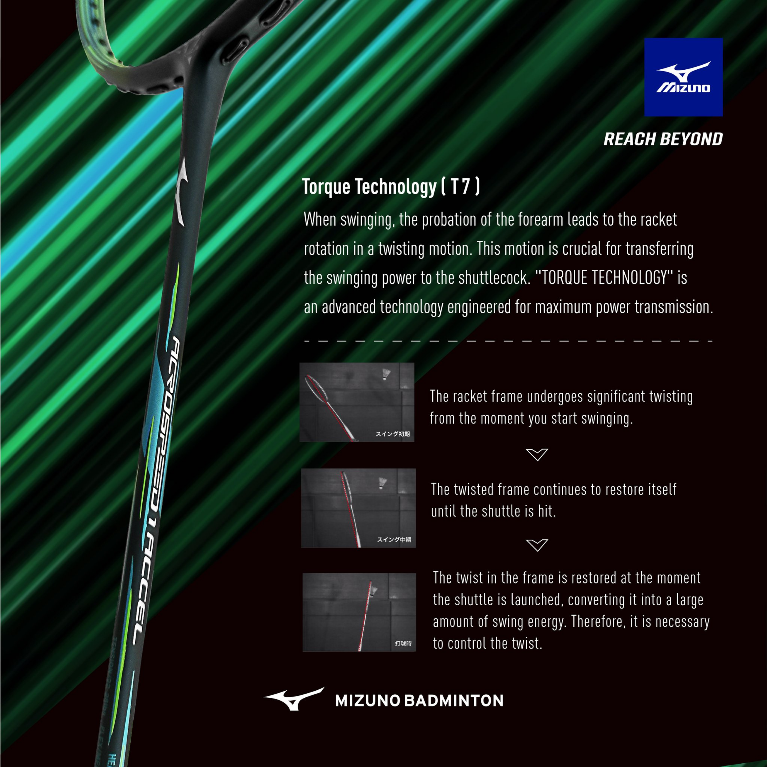 Mizuno Acrospeed 1 Accel Badminton Racket - Black / Metallic Sagebrush Green