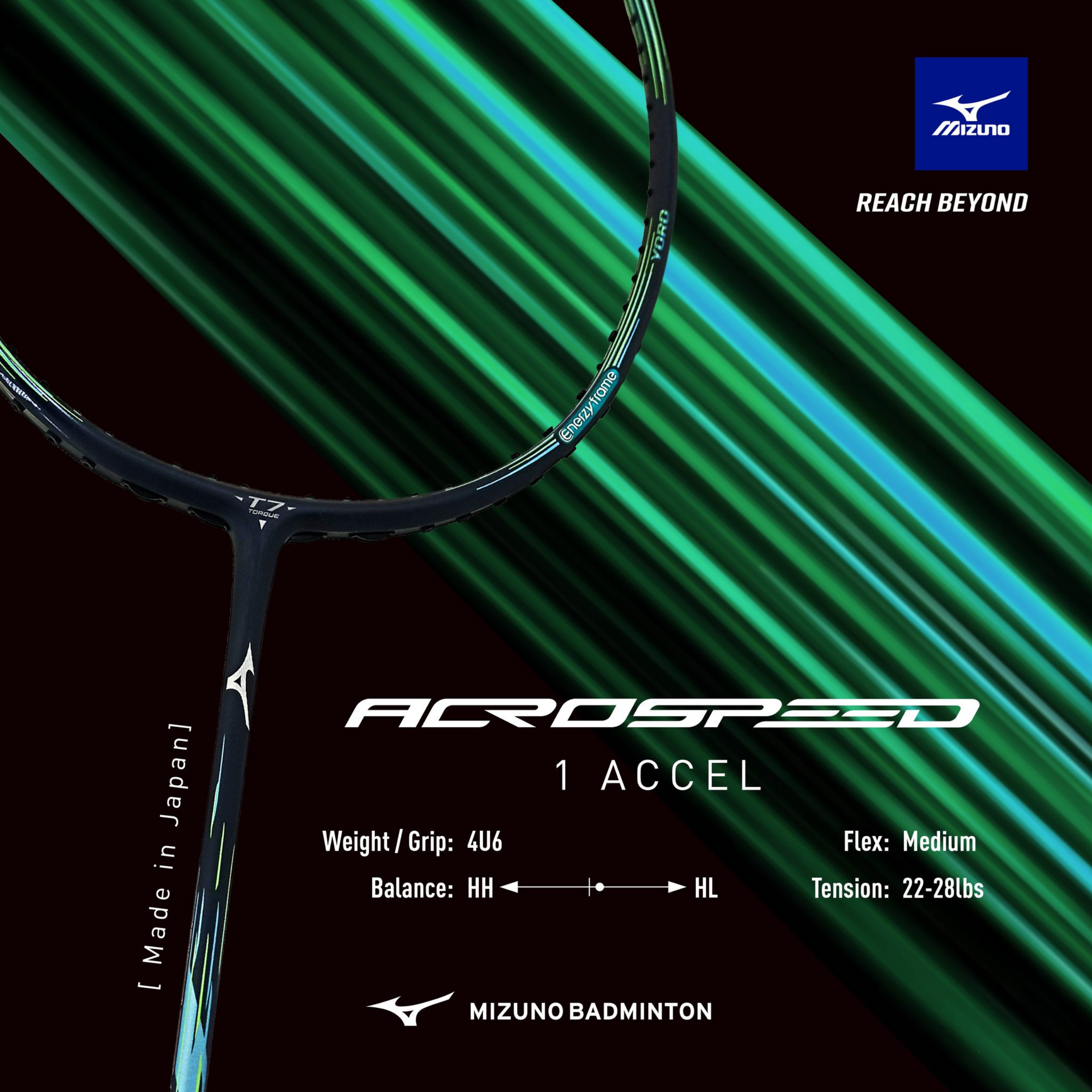 Mizuno Acrospeed 1 Accel Badminton Racket - Black / Metallic Sagebrush Green