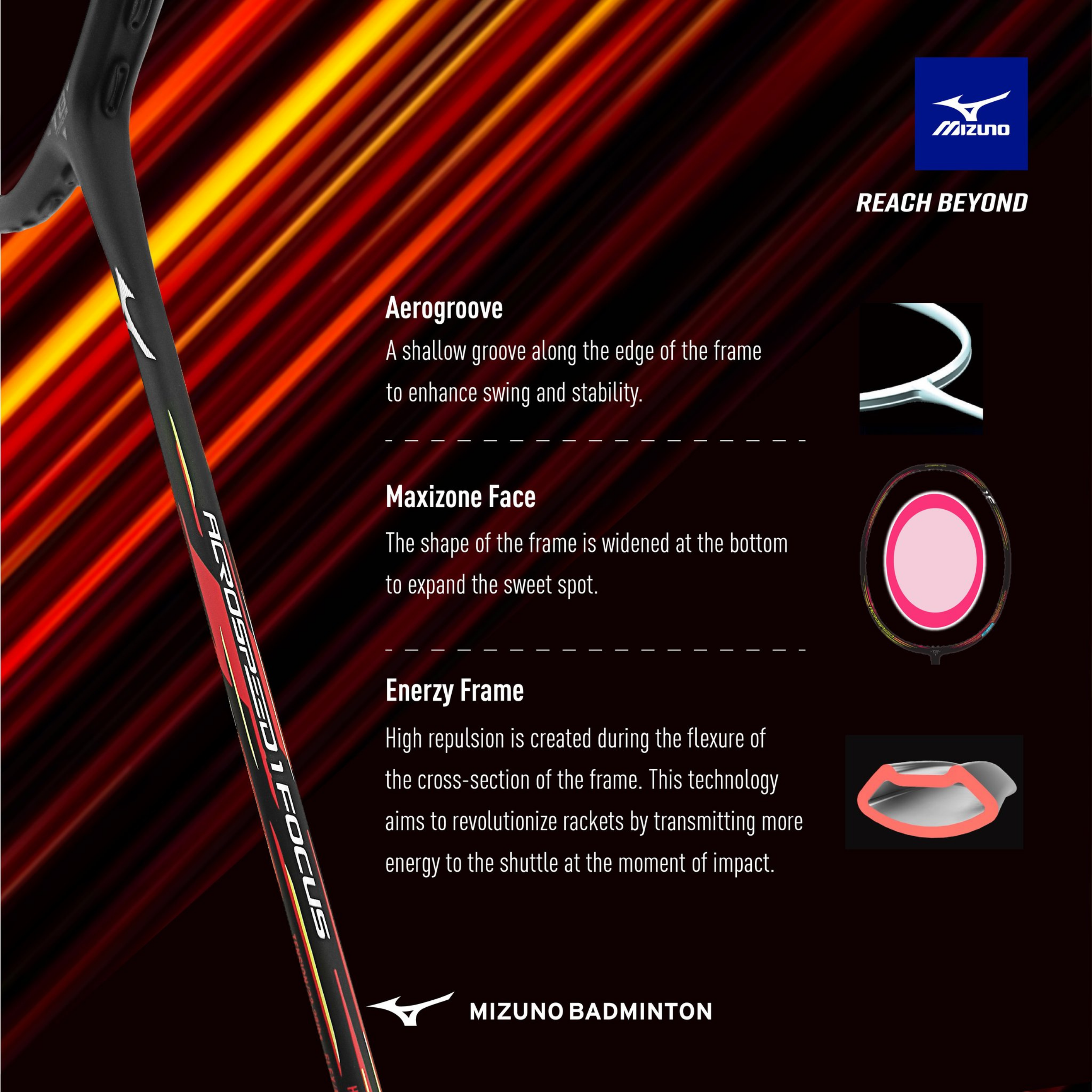 Raquette de badminton Mizuno Acrospeed 1 Focus - Gunmetal / Dégradé Écarlate-Orange