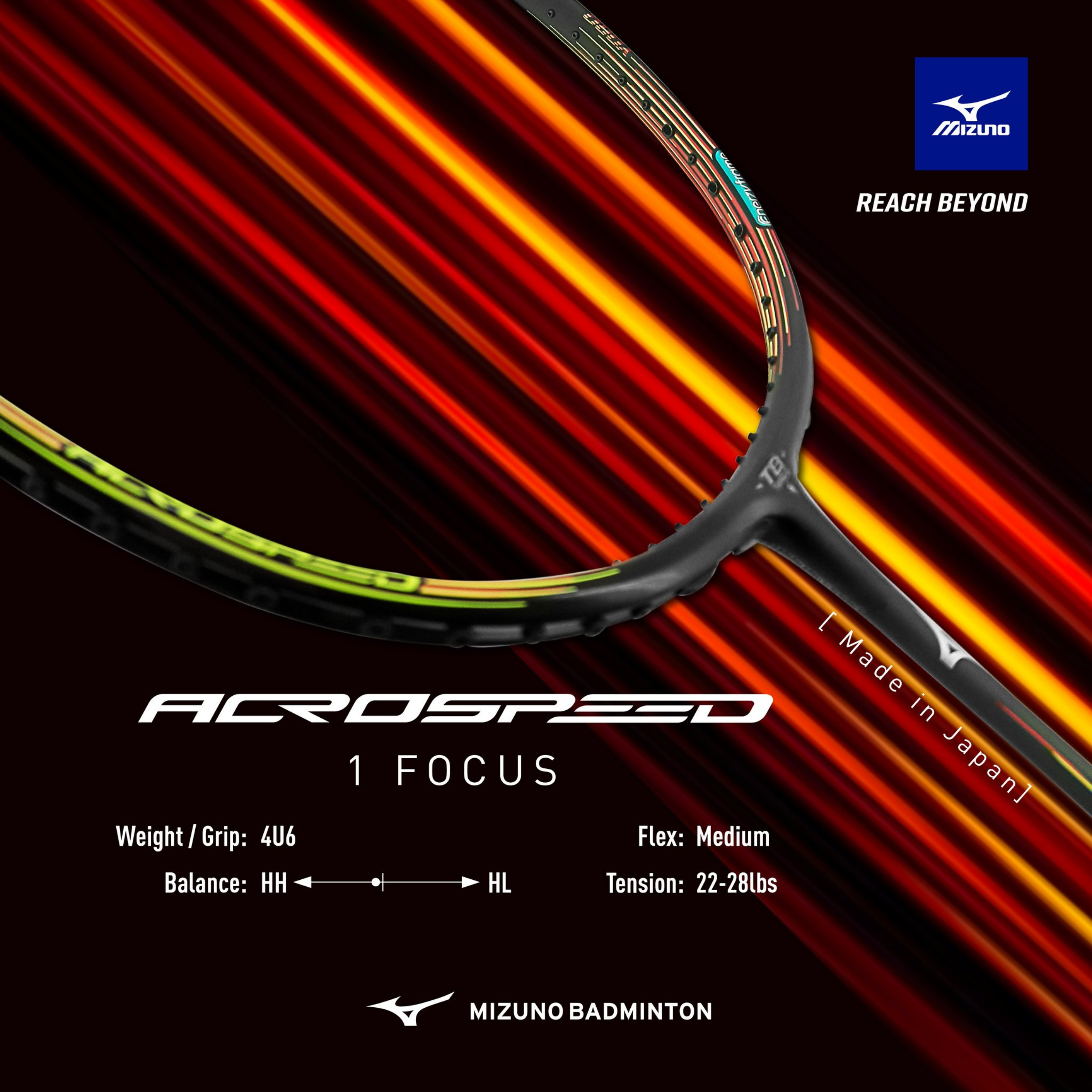 Mizuno Acrospeed 1 Focus Badminton Racket - Gunmetal / Gradient Scarlet-Orange