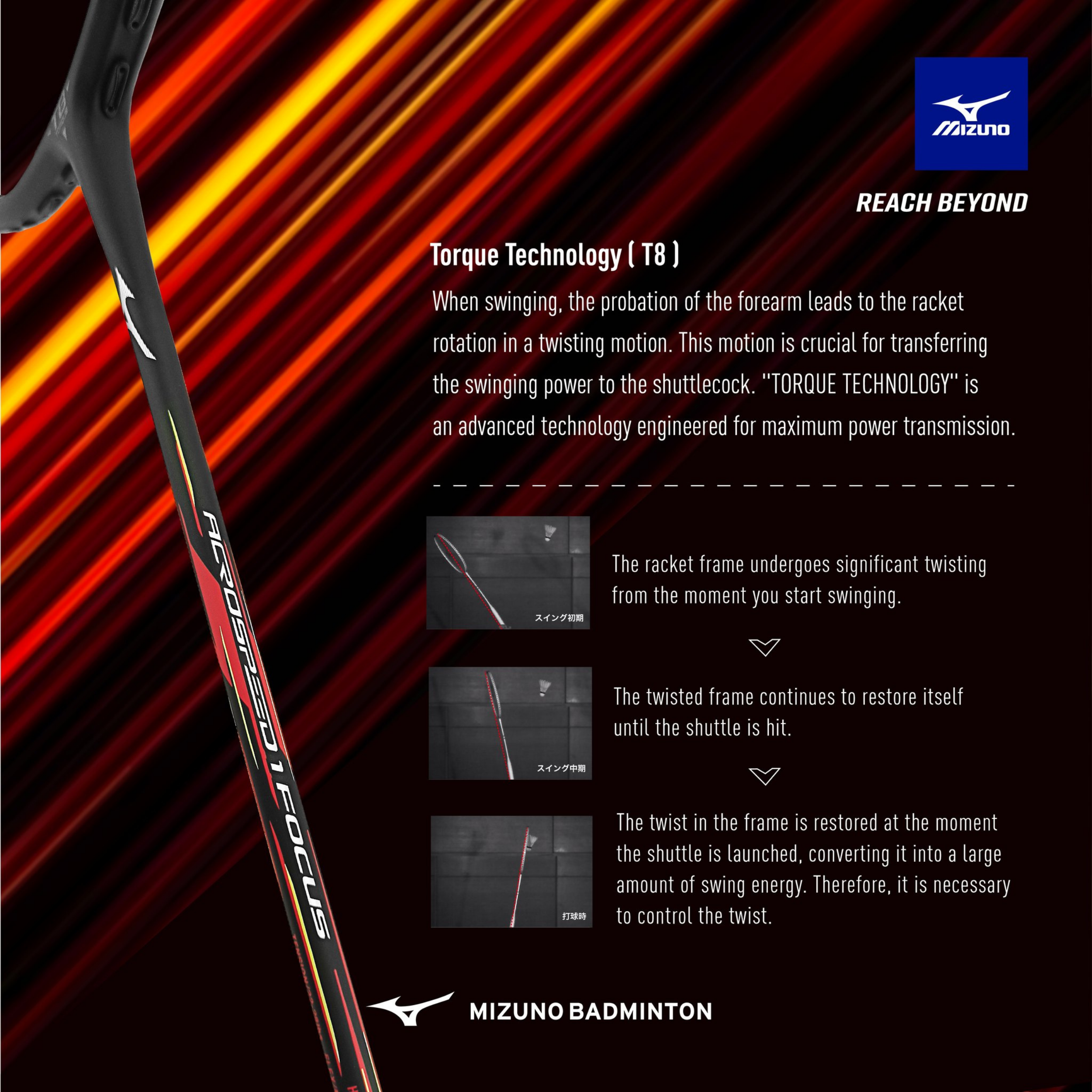 Mizuno Acrospeed 1 Focus Badminton Racket - Gunmetal / Gradient Scarlet-Orange