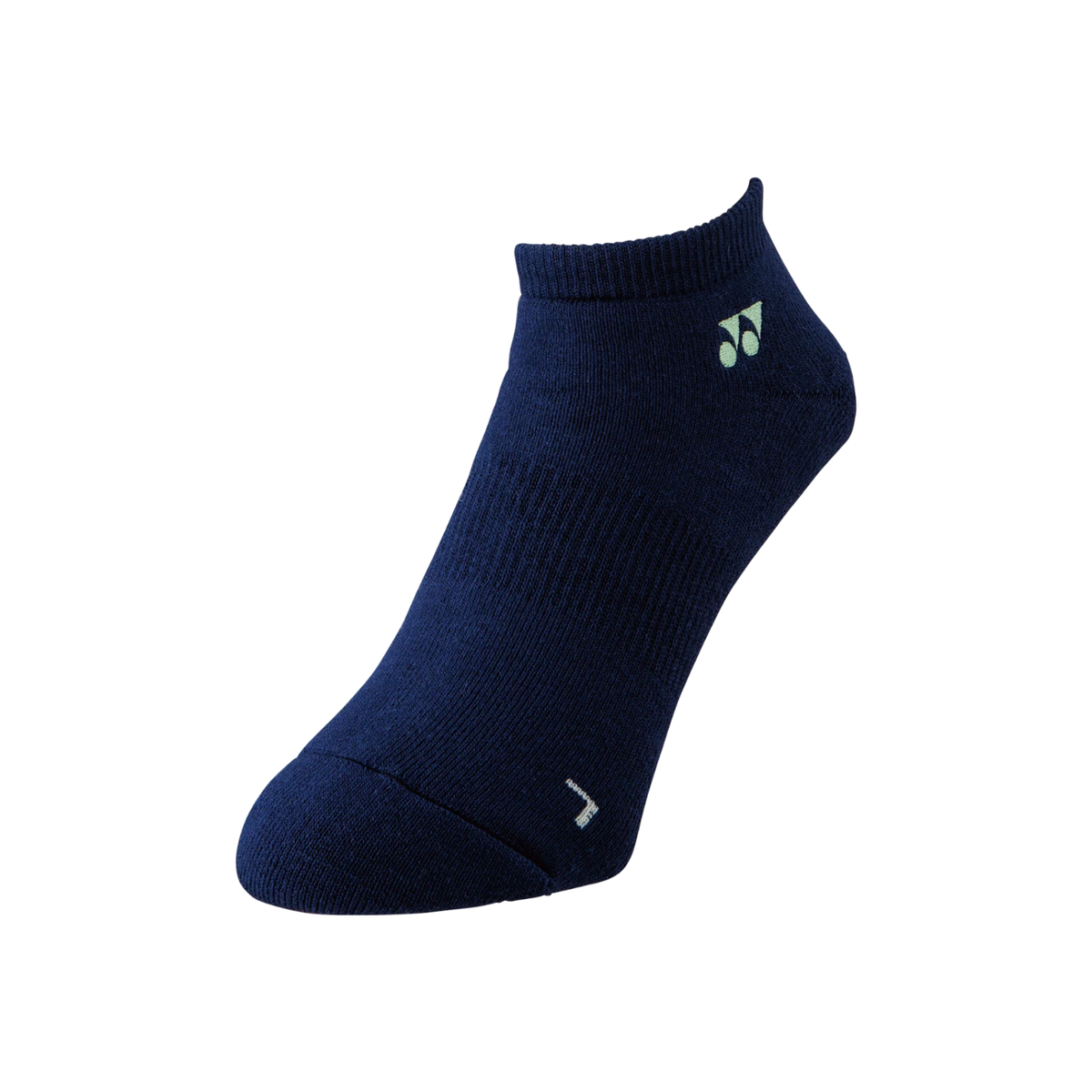 A single Yonex low-cut ankle sock in navy blue, featuring the Yonex logo in light green on the side and a small white logo near the toe, shown against a plain white background.