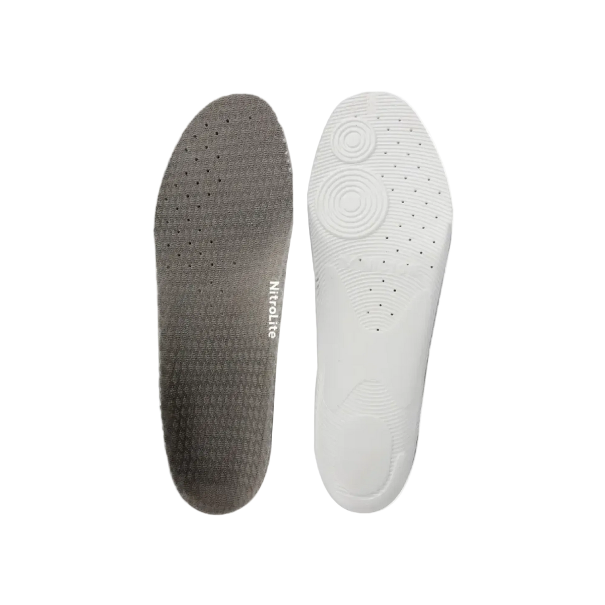 Two shoe insoles shown side by side on a plain white background, one in dark gray with a textured honeycomb pattern and the other in white with a smooth, molded tread pattern. The word 'NITRITE' is printed vertically on the gray insole.