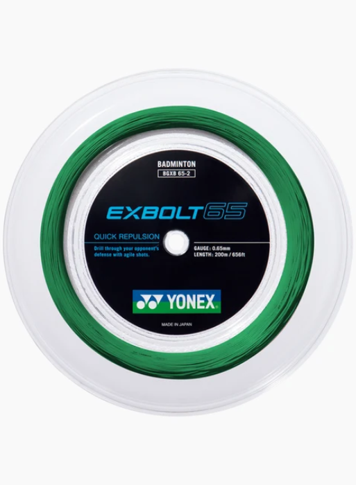 A spool of Yonex Exbolt 65 badminton string, featuring a vibrant green line wound around a clear plastic spool with a black and blue center label.