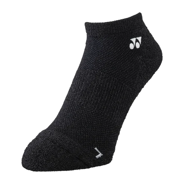 A single black low-cut ankle sock with a white Yonex logo on the ankle and a small white logo on the toe, shown against a plain white background.
